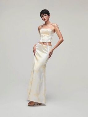 Designer Silk Satin Corset Top & Maxi Skirt Set | Elegant Two-Piece